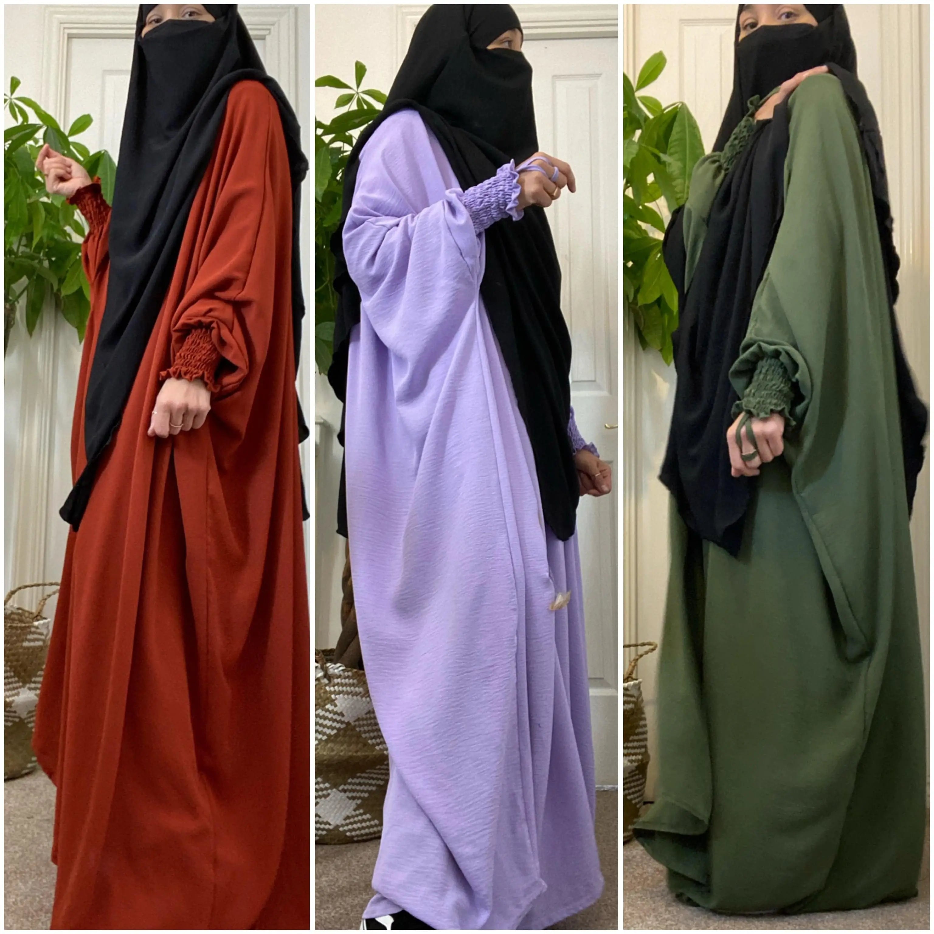 A collage of three women wearing Butterfly Abayas in red, lavender, and green, each with black headscarves, standing indoors against a white door.