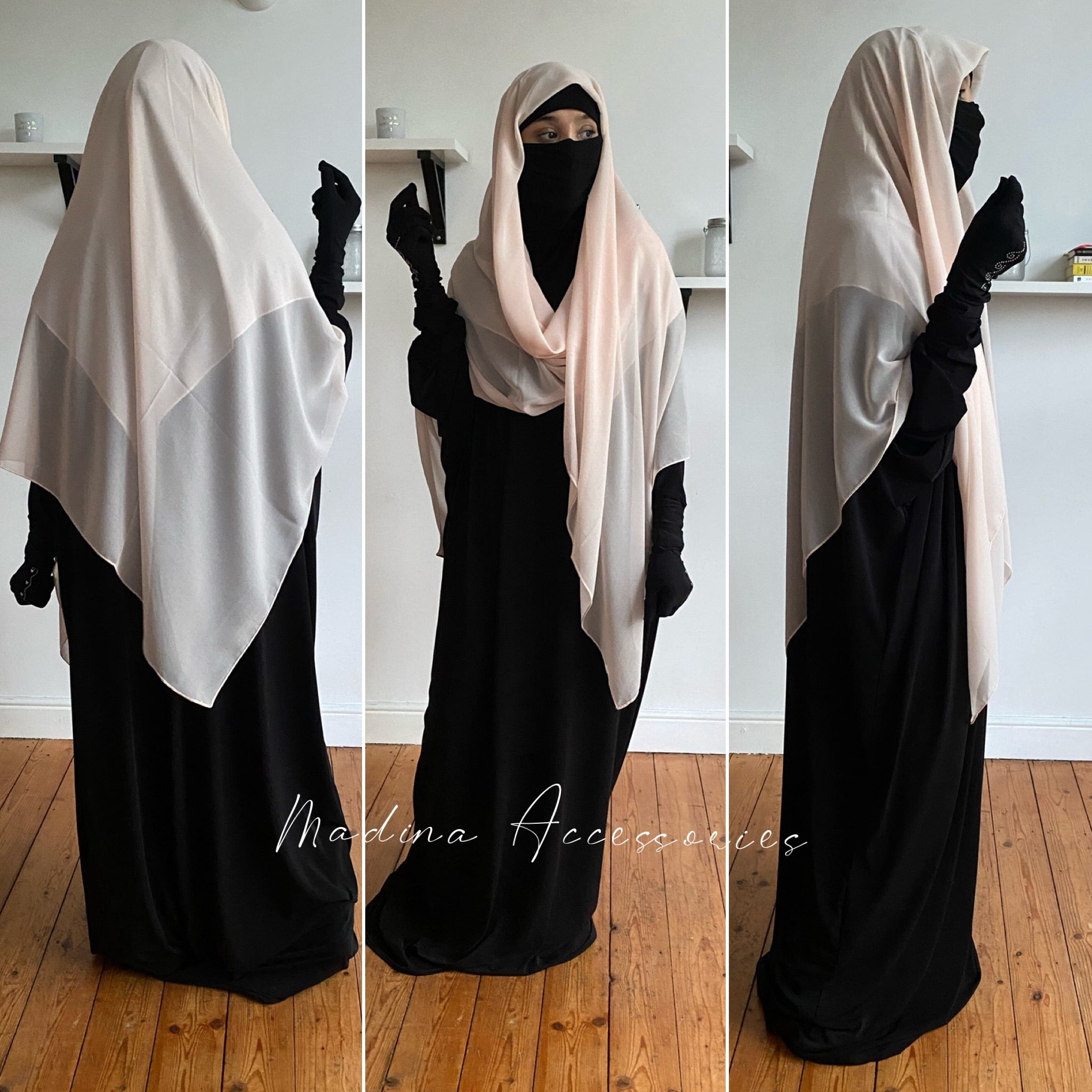 Chic woman in a beige square hijab and black dress, posing gracefully in a room with natural light.