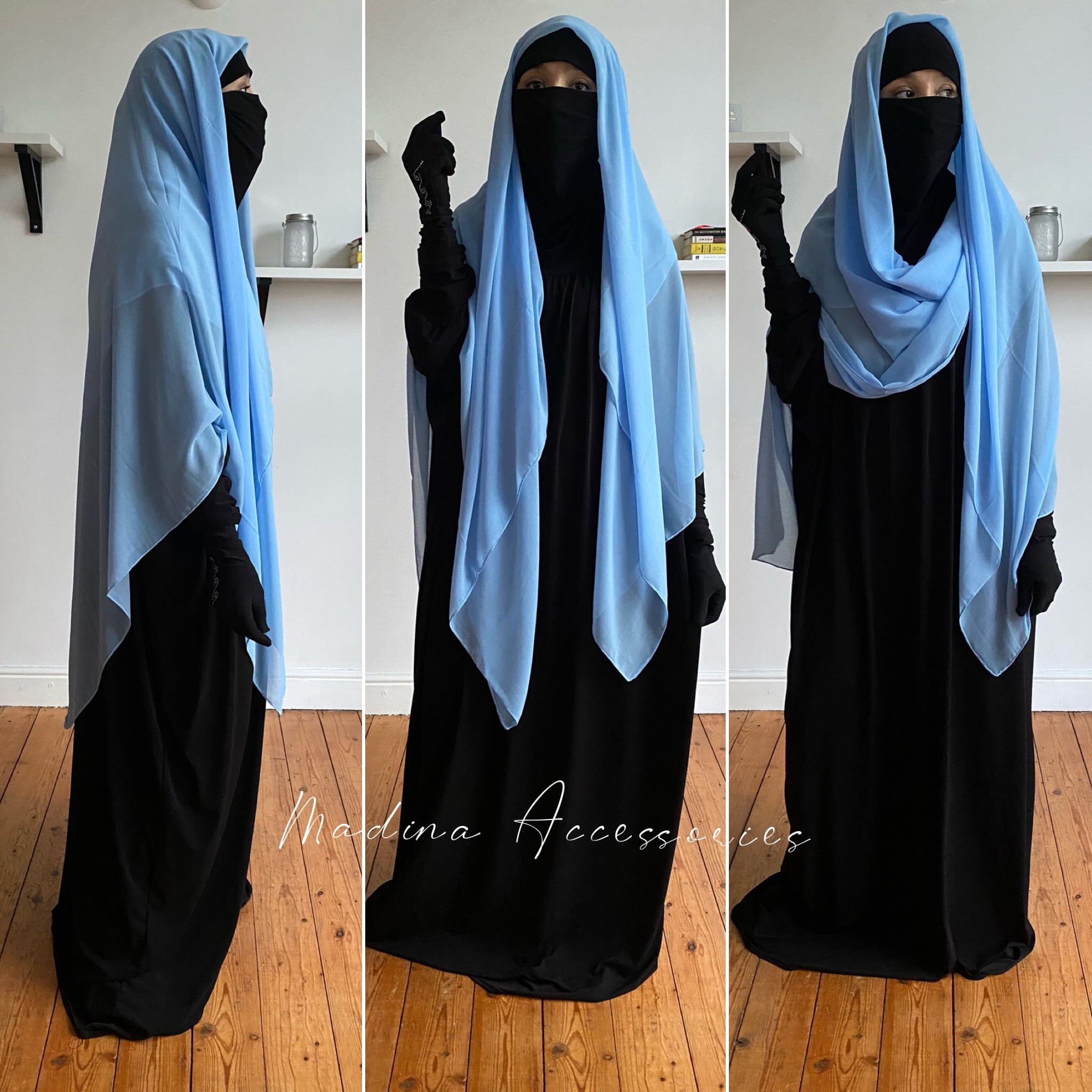 Modest fashion showcase featuring a woman in a blue square hijab paired with a black dress, striking various poses in a bright room.