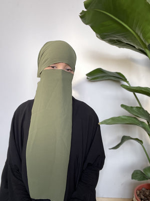 Woman in a light green niqab, covering her face, standing indoors with a green leafy background.