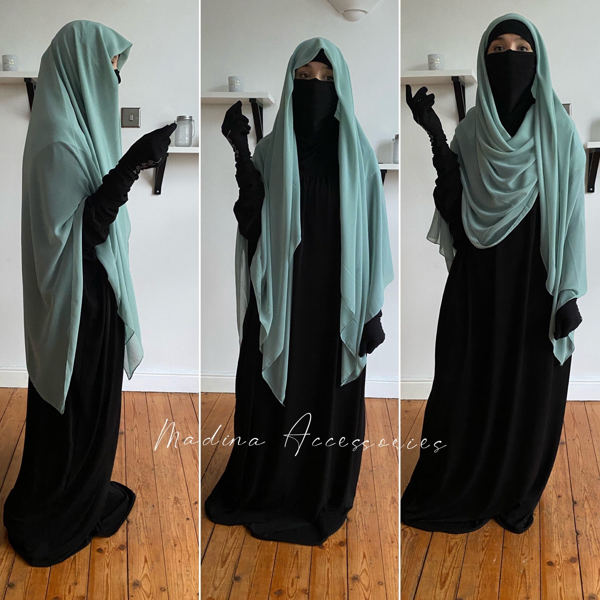 Stylish woman in a mint green square hijab elegantly combined with a black dress, displayed in a series of dynamic poses.