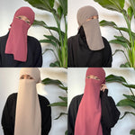 Four different styles of niqab worn by a woman in front of a lush indoor plant, showcasing pink, gray, and cream colors.