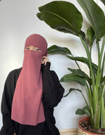 Woman in pink niqab posing in a modern indoor setting with large green plants in the background.