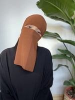 Woman in a burnt orange niqab, standing in a serene indoor setting with a tropical plant backdrop.